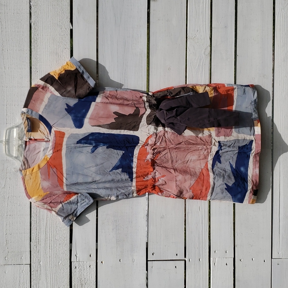 Piazza Sempione Abstract Watercolor Print Silk Dress Short Sleeve Tie Waist 38